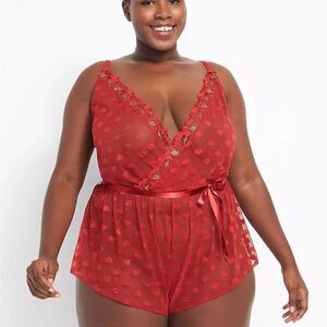 Cacique Heart Lace Cherry Romper Crossover Neck Plus Size 22/24 Haute‎ Red NEW